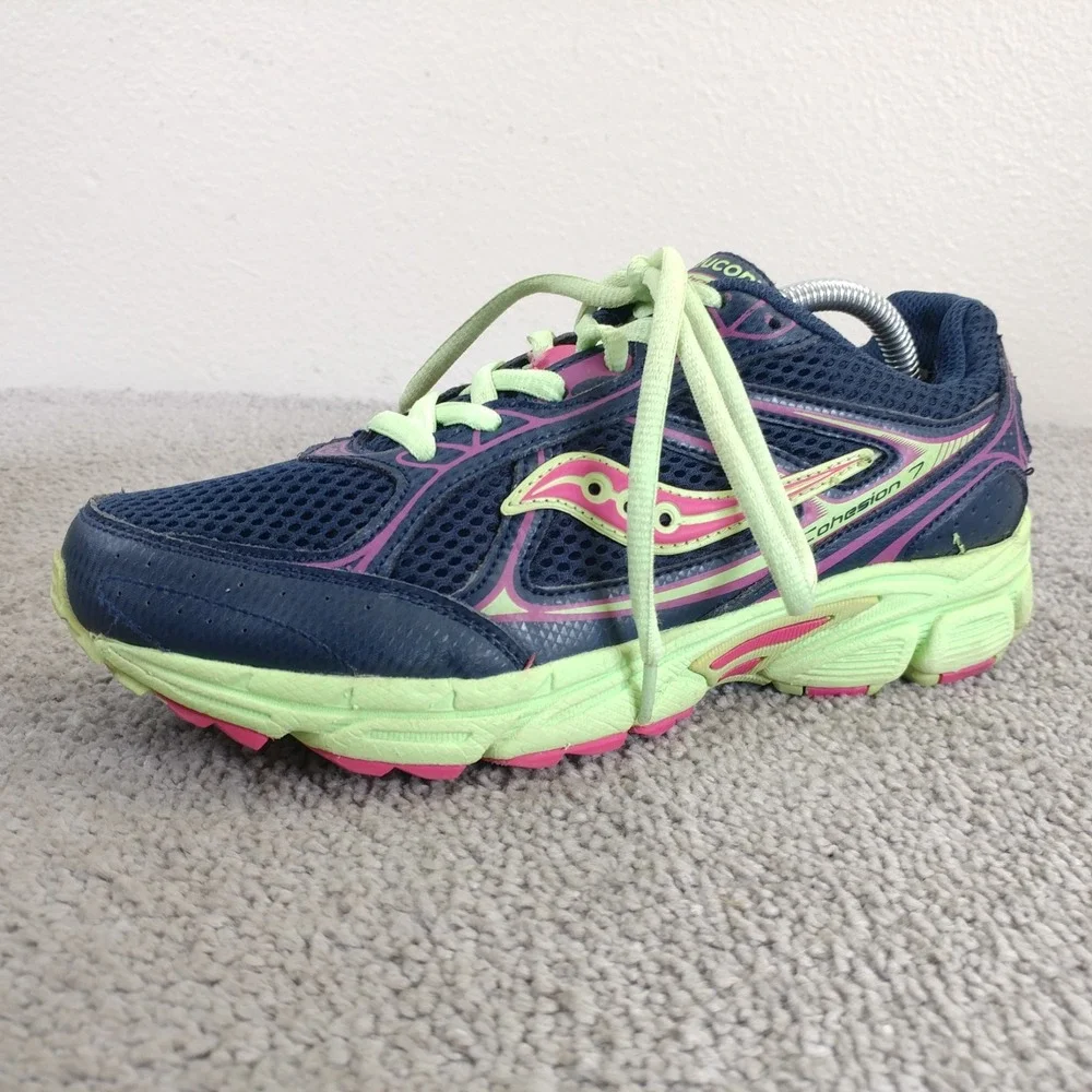 Saucony Cohesion 12 Youth Girls Size 5.5 Running Shoes Low Top Blue Purple Lime